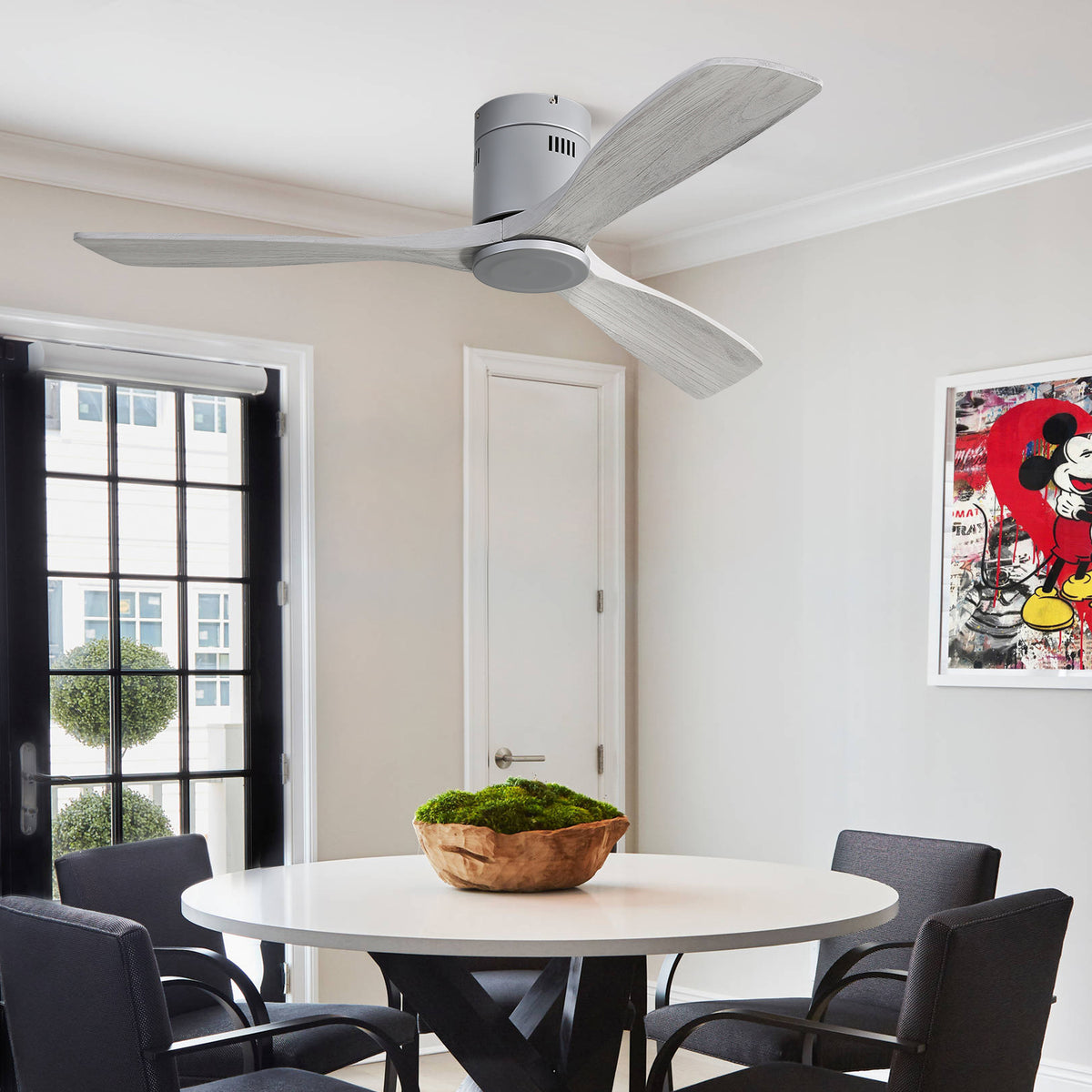 52 Inch Flush Mount Ceiling Fan Dc 3 Carved Wood Fan Blade Noiseless Reversible Motor Remote Control Without Light Silver Metal & Wood