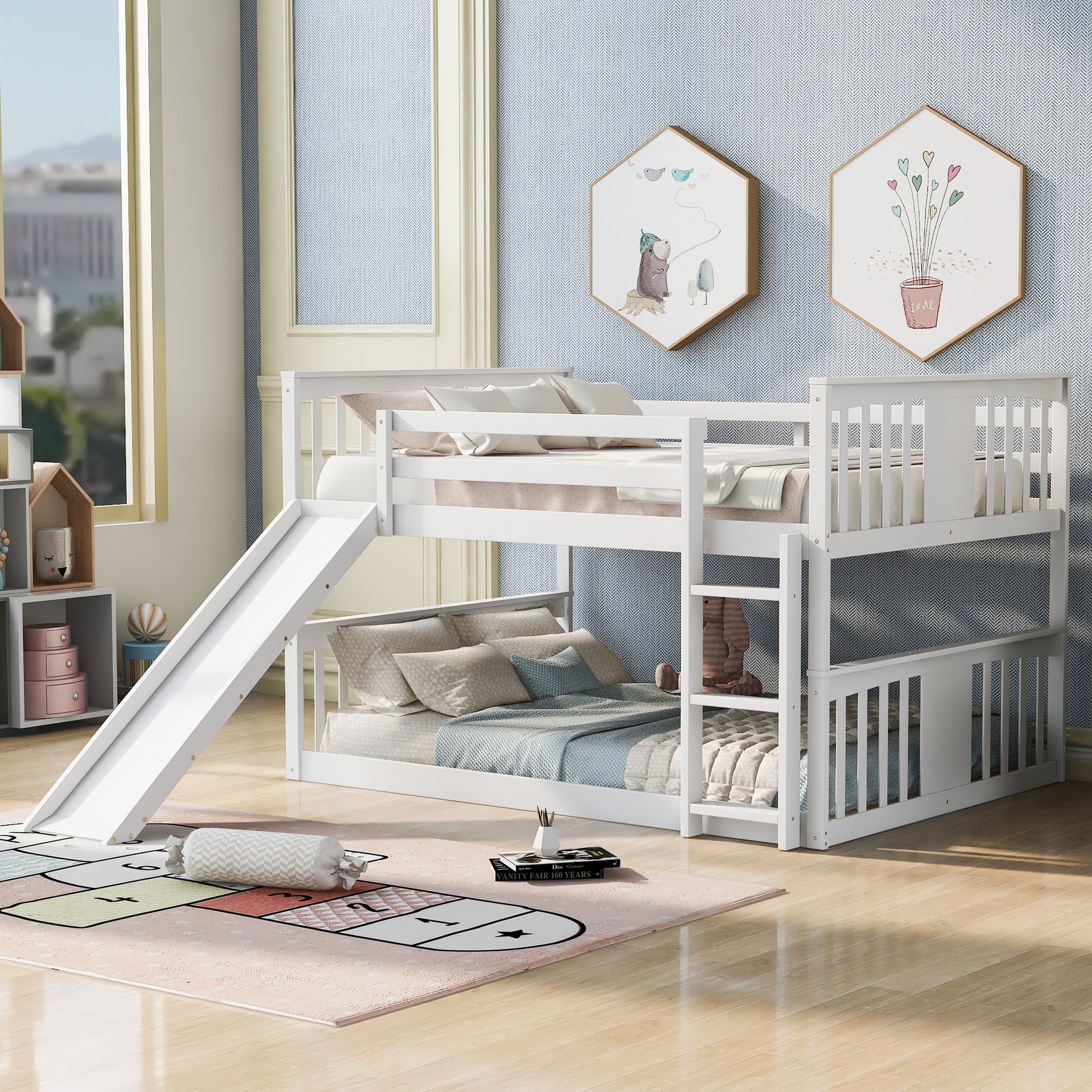 Full Over Full Bunk Bed With Ladder With Slide, White Old Sku :Lp000208Aak White Solid Wood