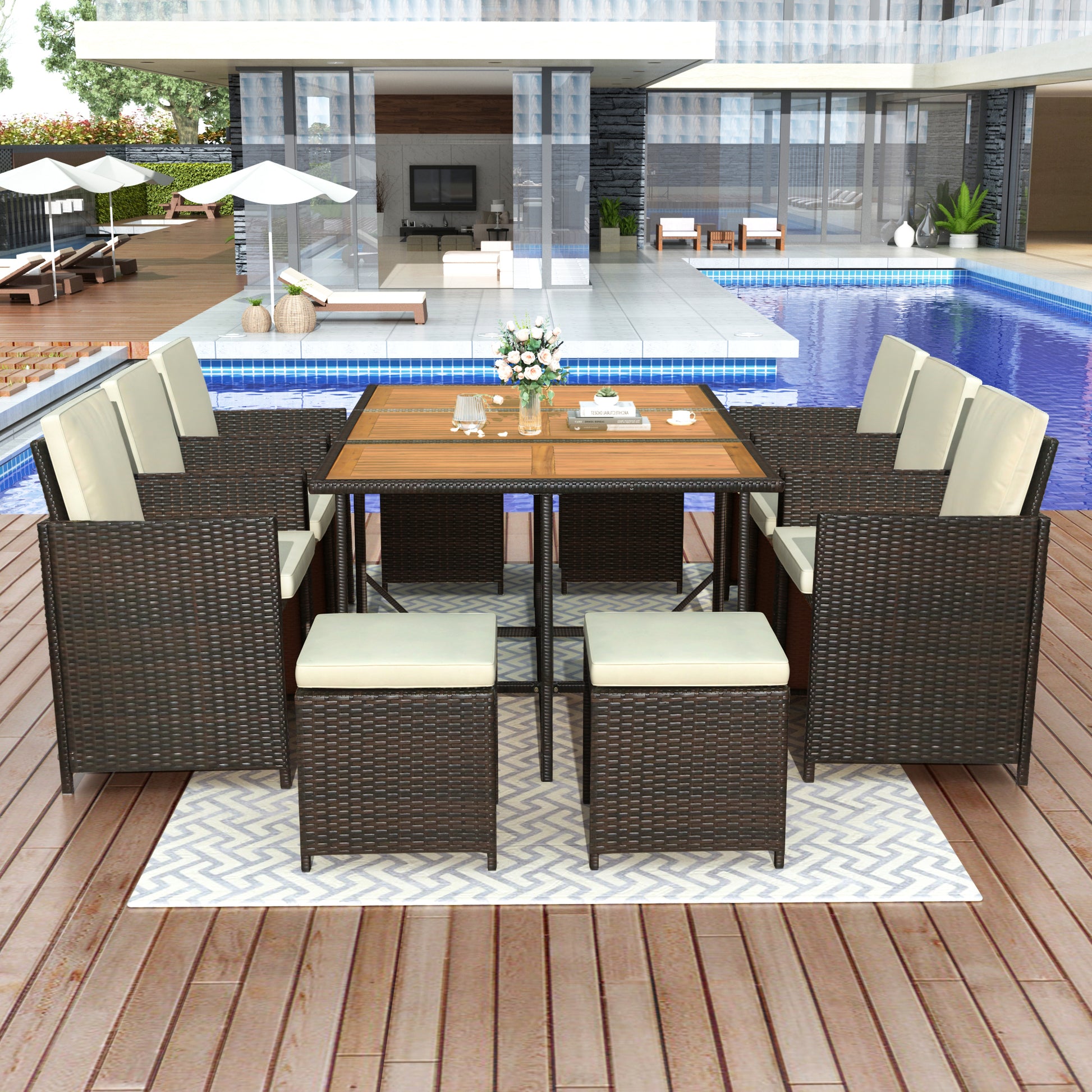 11 Piece Patio All Weather Pe Wicker Dining Table Set With Wood Tabletop For 10, Brown Rattan Beige Cushion Yes Complete Patio Set Brown Water Resistant Frame Water Resistant Cushion Garden & Outdoor Casual Complete Patio Sets Foam Rattan