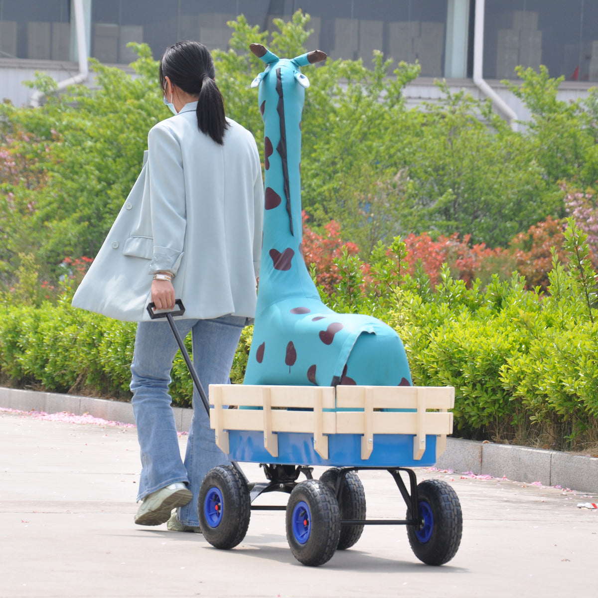 Outdoor Wagon All Terrain Pulling Wood Railing Air Tires Garden Cart Blue Steel