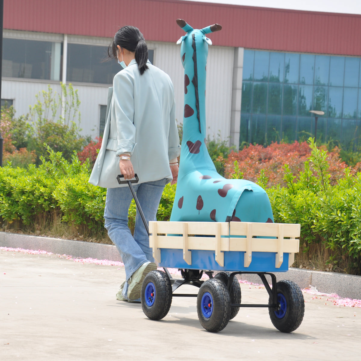 Outdoor Wagon All Terrain Pulling Wood Railing Air Tires Garden Cart Blue Steel
