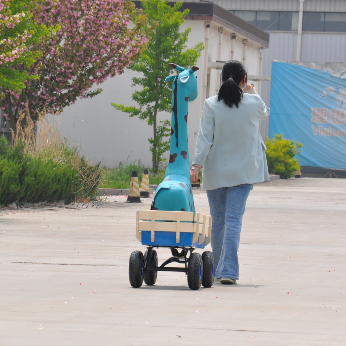 Outdoor Wagon All Terrain Pulling Wood Railing Air Tires Garden Cart Blue Steel