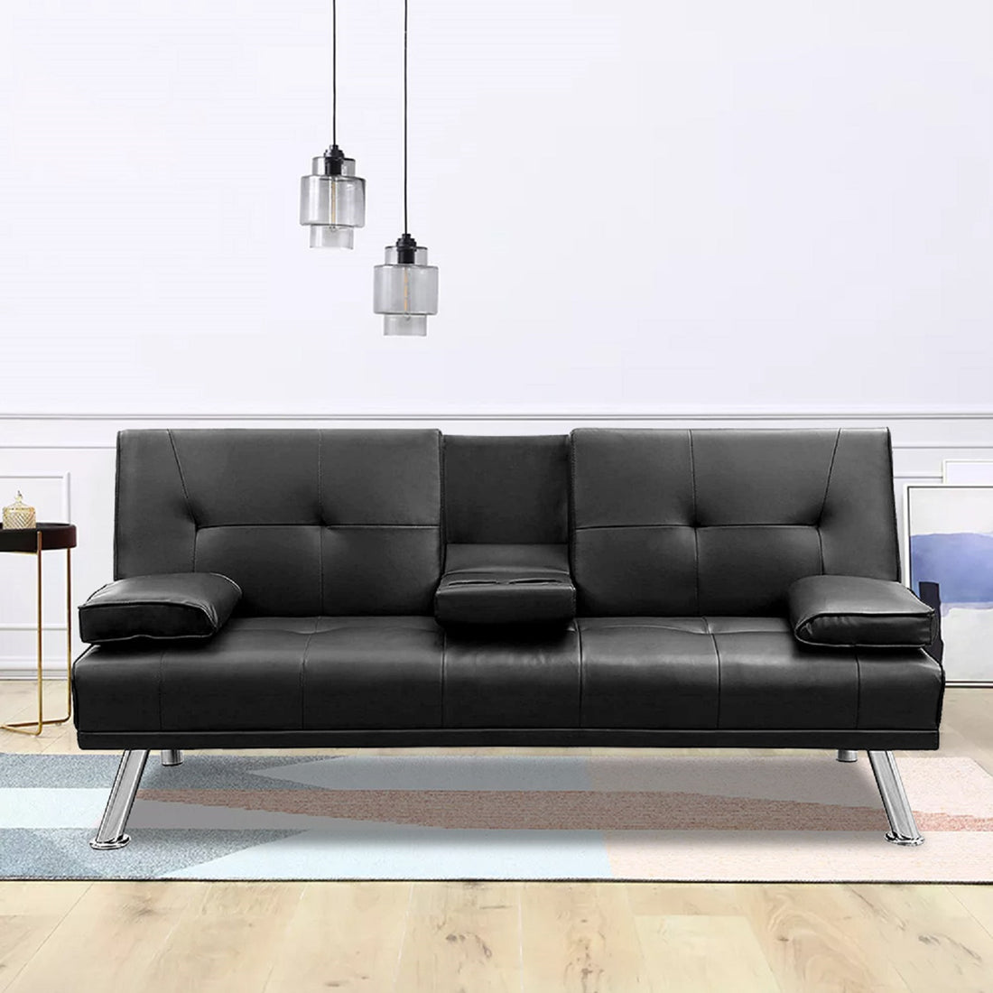 Mega Futon Sofa Bed, Modern Faux Leather Convertible Folding Lounge Sofa For Living Room With 2 Cup Holders Removable Soft Armrests And Sturdy Metal Legs, Charming Black. Black Foam Pu
