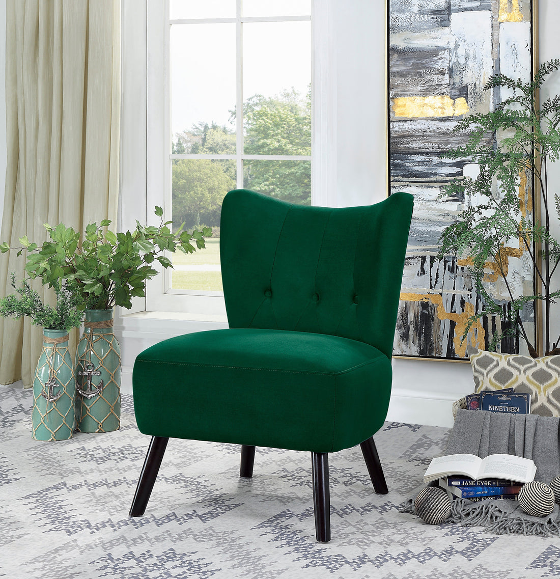 Unique Style Green Velvet Covering Accent Chair Button Tufted Back Brown Finish Wood Legs Modern Home Furniture Green Primary Living Space Modern,Retro Solid Wood