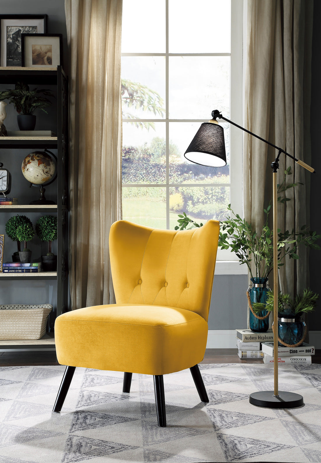 Unique Style Accent Chair Yellow Velvet Covering Button Tufted Back Brown Finish Wood Legs Modern Home Furniture Yellow Primary Living Space Modern,Retro Solid Wood