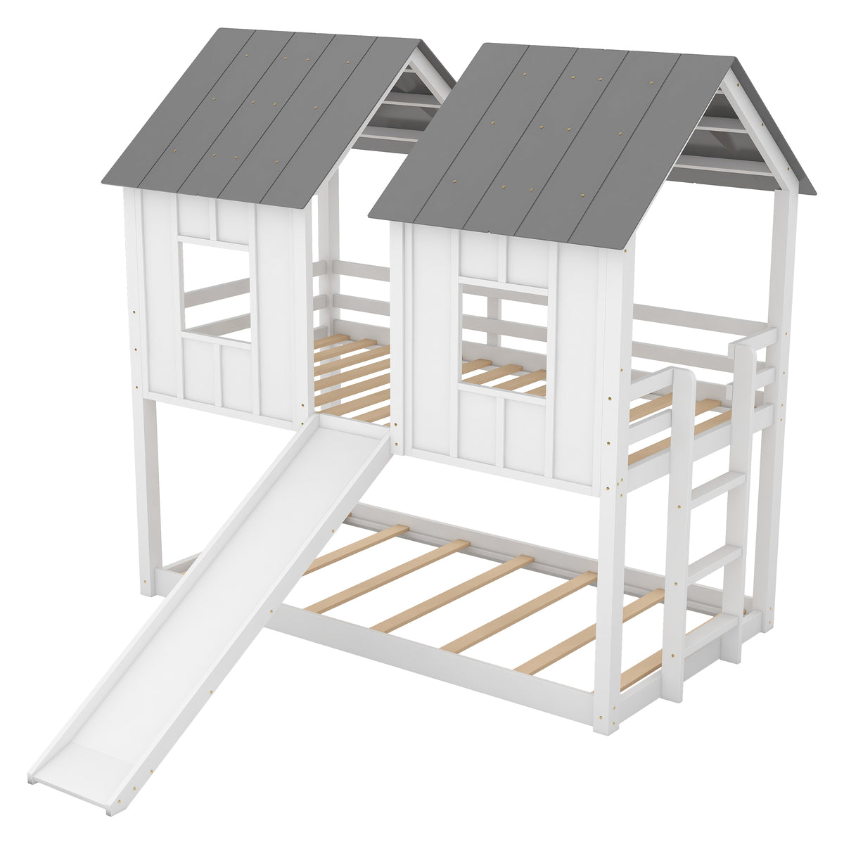 Twin Over Twin House Bunk Bed With Slide And Windows,White Old Sku:Gx000920Aak 1 White Pine