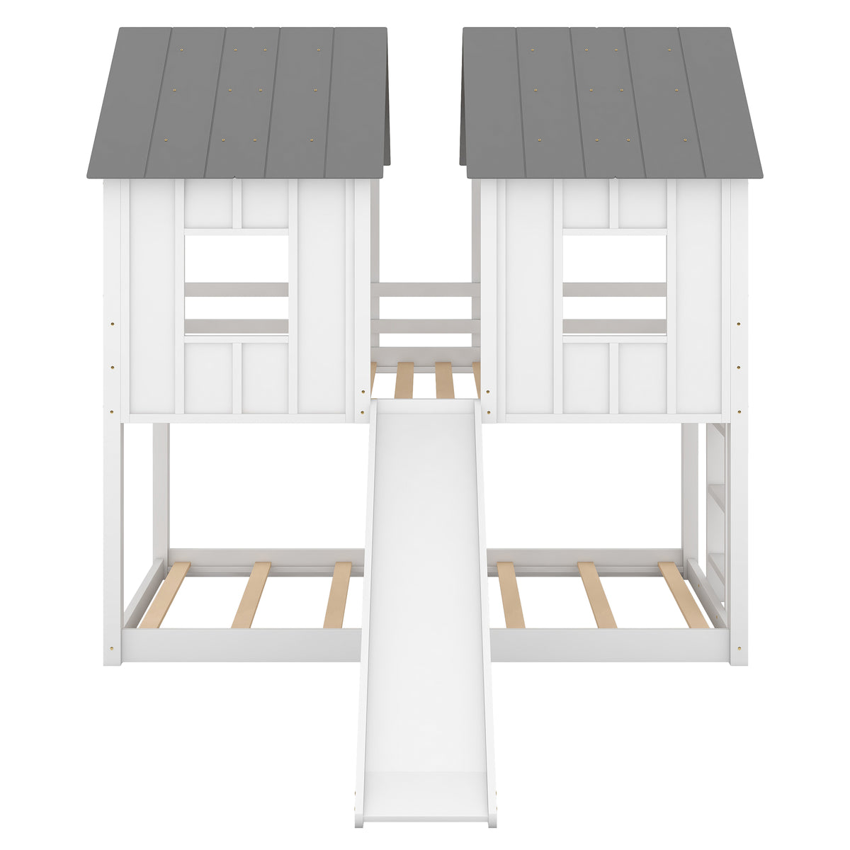 Twin Over Twin House Bunk Bed With Slide And Windows,White Old Sku:Gx000920Aak 1 White Pine