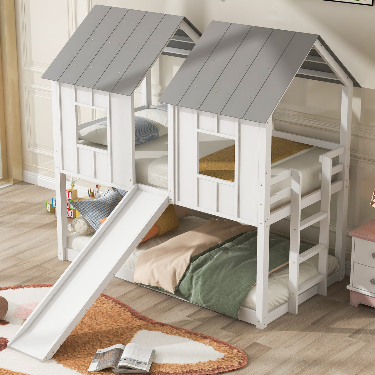 Twin Over Twin House Bunk Bed With Slide And Windows,White Old Sku:Gx000920Aak 1 White Pine