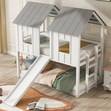 Twin Over Twin House Bunk Bed With Slide And Windows,White Old Sku:Gx000920Aak 1 White Pine