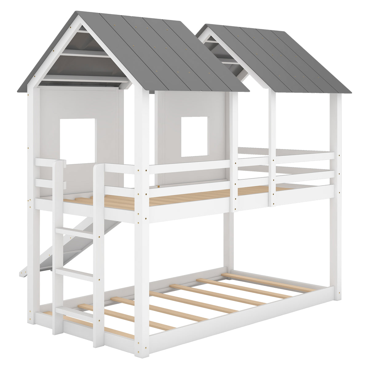 Twin Over Twin House Bunk Bed With Slide And Windows,White Old Sku:Gx000920Aak 1 White Pine
