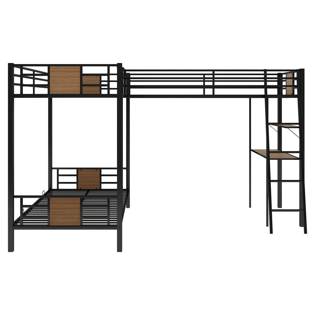 L Shaped Twin Over Twin Bunk Bed With Twin Size Loft Bed With Desk And Shelf ,Brown Brown Steel