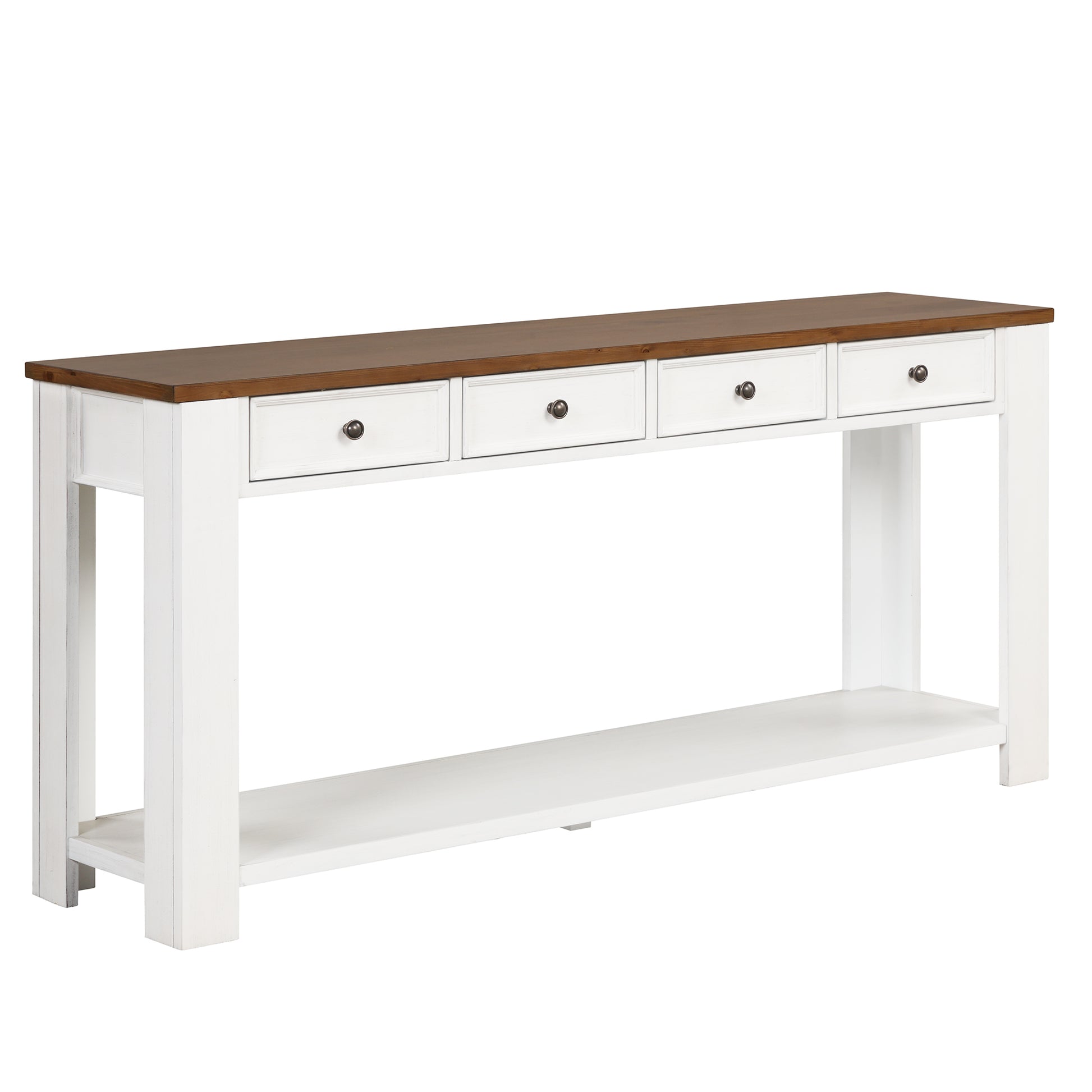 63" Pine Wood Console Table With 4 Drawers And 1 Bottom Shelf For Entryway Hallway Easy Assembly 63 Inch Long Sofa Table Antique White Brown Top Antique White Pine