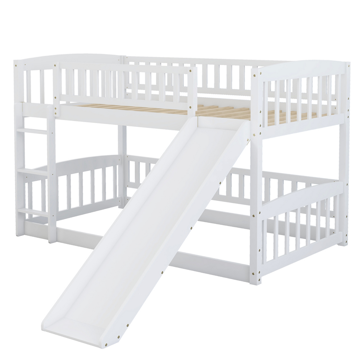 Bunk Bed With Slide,Twin Over Twin Low Bunk Bed With Fence And Ladder For Toddler Kids Teens White White Solid Wood