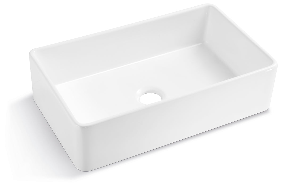 33" L X 20" W Single Basin Ceramic Farmhouse Kitchen Sink With Basket Strainer White Ceramic