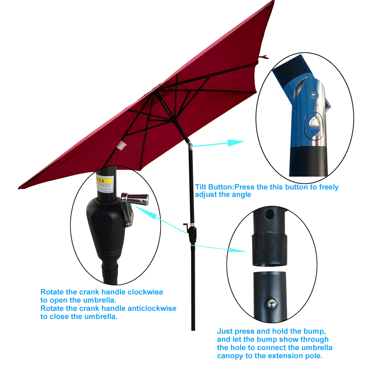 6 X 9Ft Patio Umbrella Outdoor Waterproof Umbrella With Crank And Push Button Tilt Without Flap For Garden Backyard Pool Swimming Pool Market Burgundy Steel