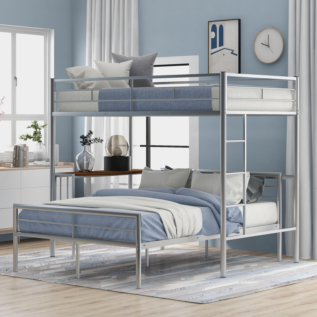 Twin Over Full Metal Bunk Bed With Desk, Ladder And Quality Slats For Bedroom, Metallic Silver Old Sku :Lp000092Aan Silver Metal