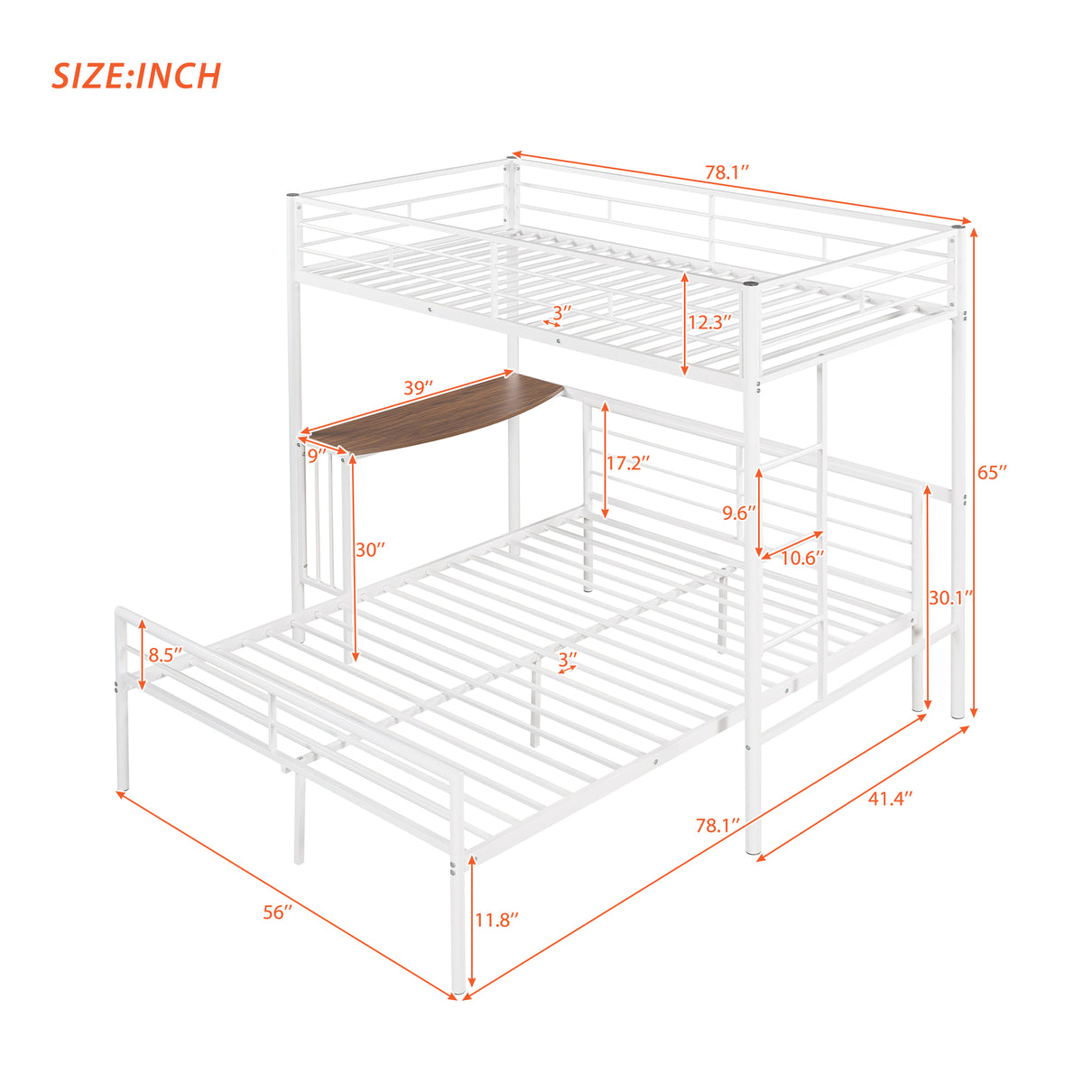 Twin Over Full Metal Bunk Bed With Desk, Ladder And Quality Slats For Bedroom, Metallic White Old Sku :Lp000092Aak White Metal