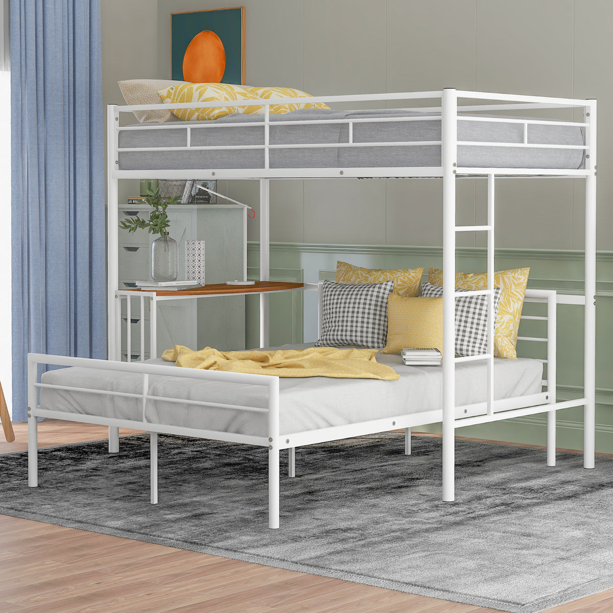 Twin Over Full Metal Bunk Bed With Desk, Ladder And Quality Slats For Bedroom, Metallic White Old Sku :Lp000092Aak White Metal