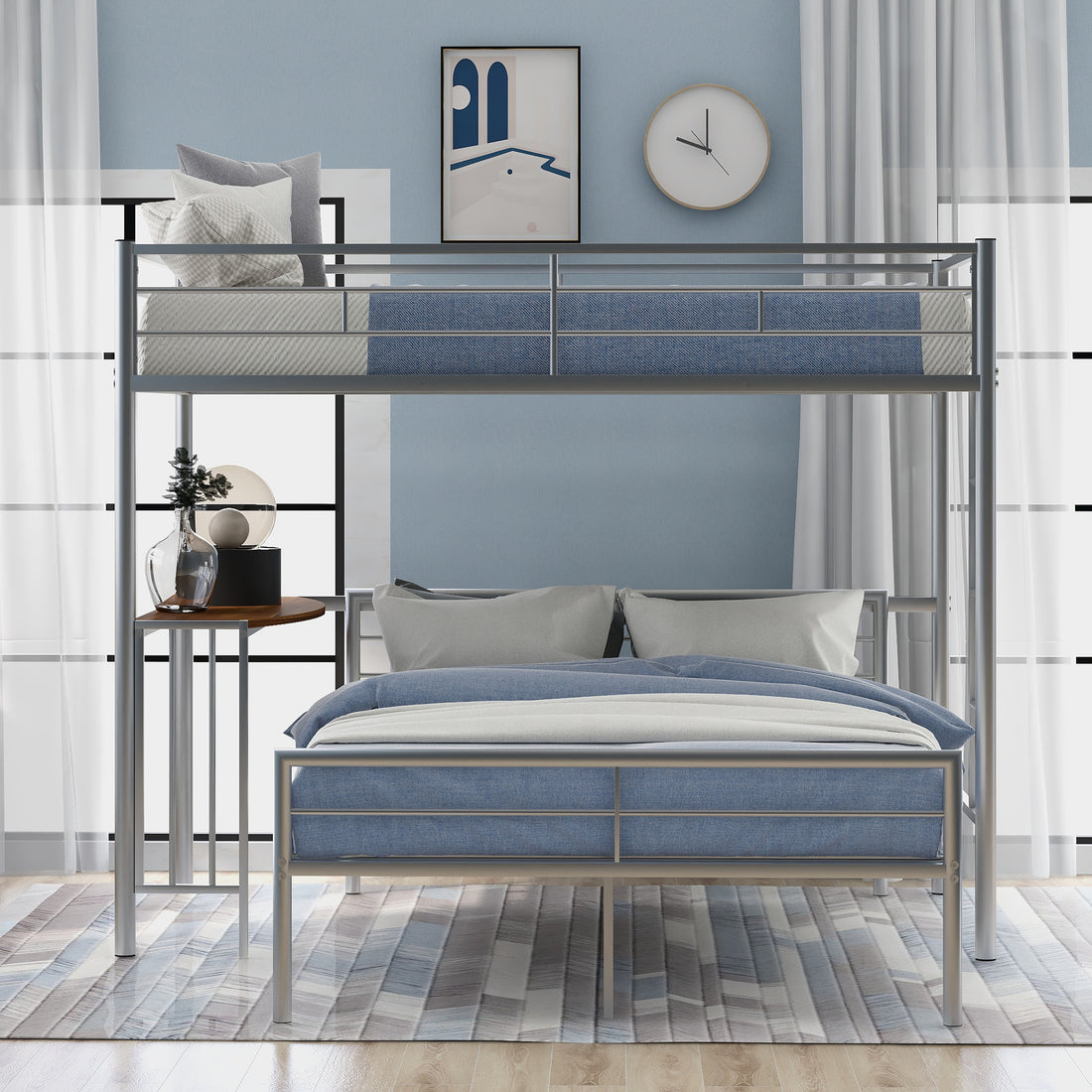 Twin Over Full Metal Bunk Bed With Desk, Ladder And Quality Slats For Bedroom, Metallic Silver Old Sku :Lp000092Aan Silver Metal