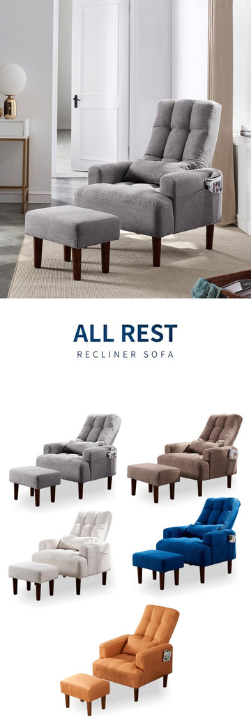 Redde Boo Brown Living Room Sofa Single Chair And Ottoman, Modern Multi Function Fabric Living Room Sofa Lounge Chair Bed And Stool.Soft Leisure Single Chair Adjustable Into 5 Angles With Sofa Bed Gray Modern Foam Fabric