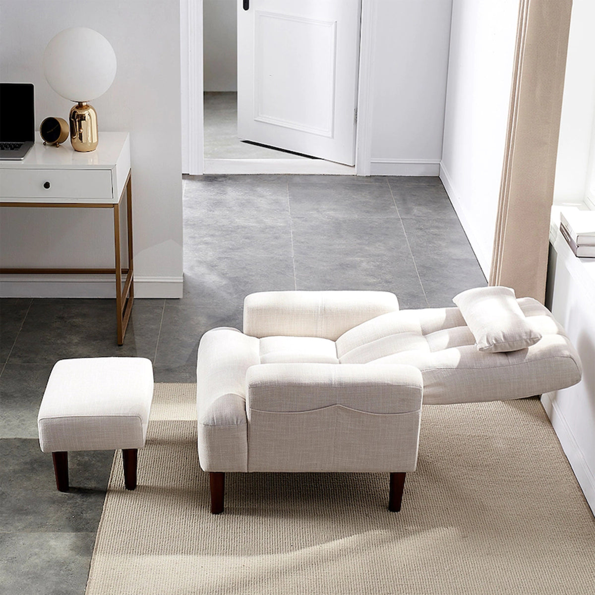 Redde Boo Brand Modern Design Living Room Cream White Recliner Soft Cozy Sofa Chair With Ottoman Cream White Foam Fabric