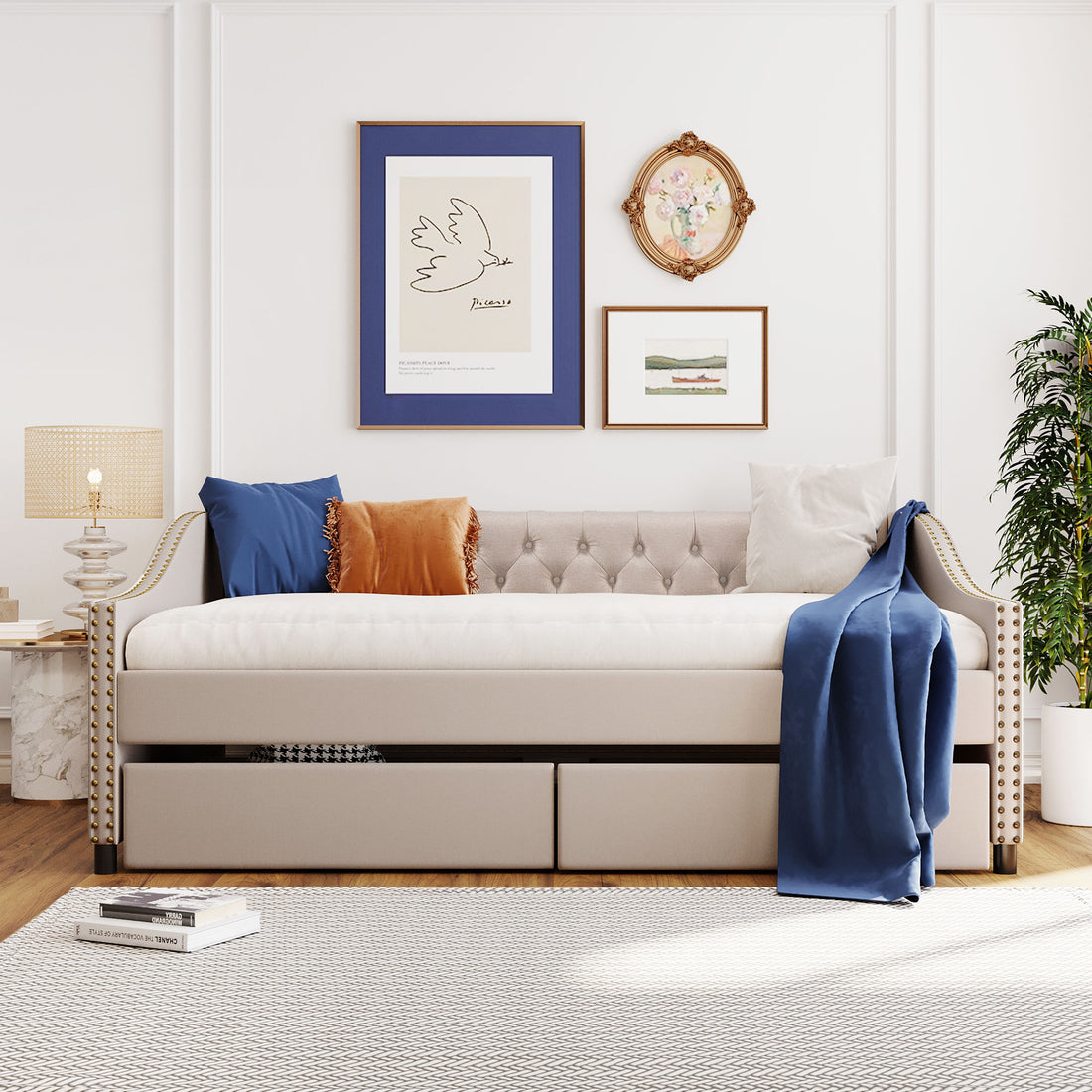 Upholstered Daybed With Two Drawers, Wood Slat Support, Beige, Full Size Old Sku :Lp001111Aaa Beige Solid Wood