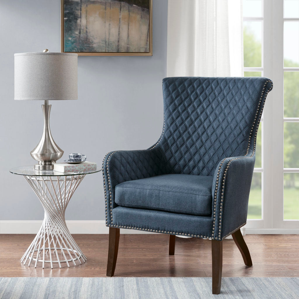 27" Accent Chair,Wood High Density Foam Modern Style For Living Room, Blue Dark Blue Solid Wood