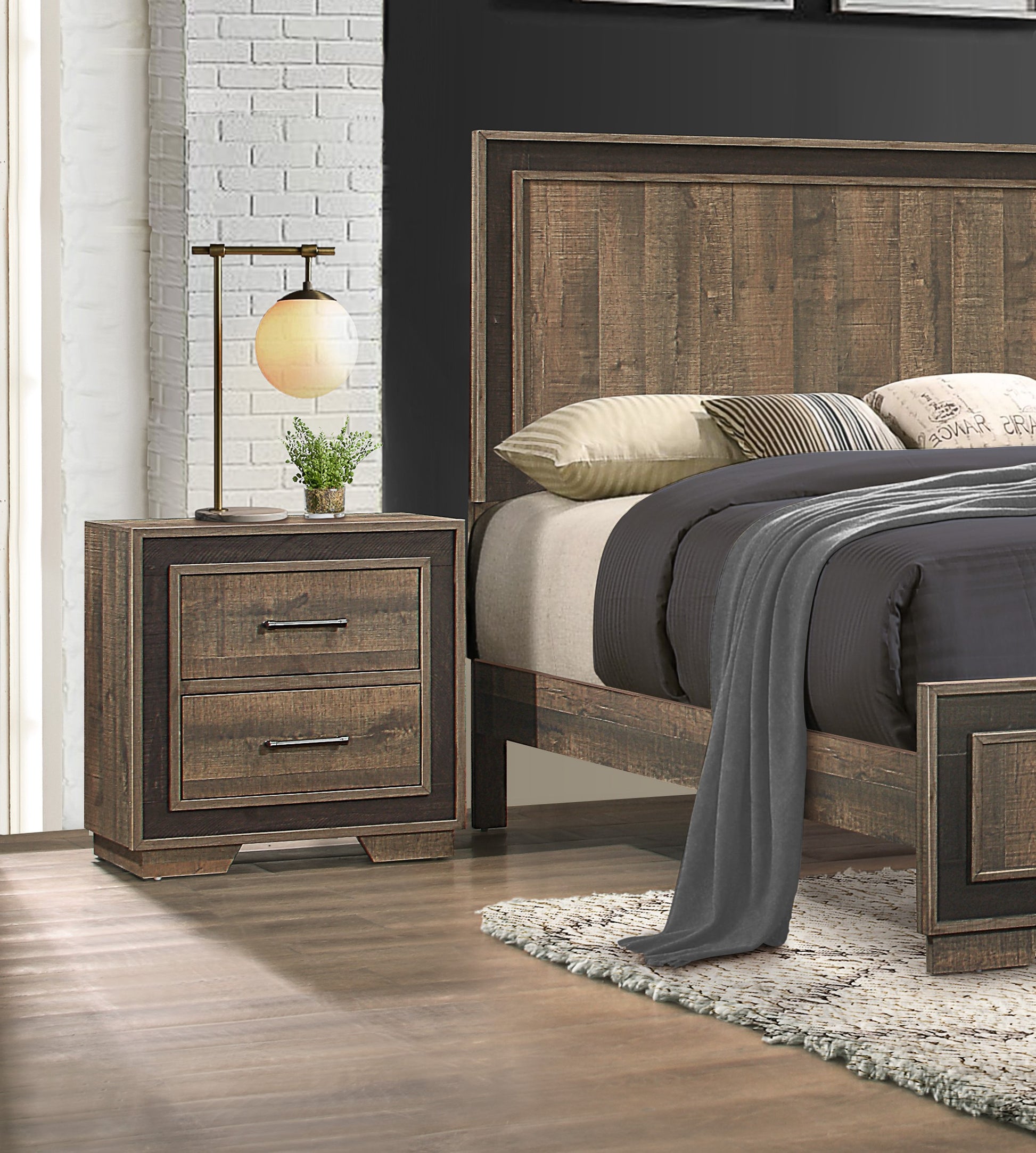 Rustic Style 1Pc Nightstand Two Tone Finish Embossed Faux Wood Bed Side Table Bedroom Furniture Multicolor 2 Drawers Bedroom Wood