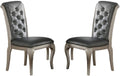 Luxury Antique Silver Wooden Set Of 2 Dining Side Chairs Grey Faux Leather Pu Tufted Upholstered Cushion Chairs Pine Wood Grey Gray Dining Room Classic,Traditional Dining Chairs Rubberwood Tufted Back Solid Wood