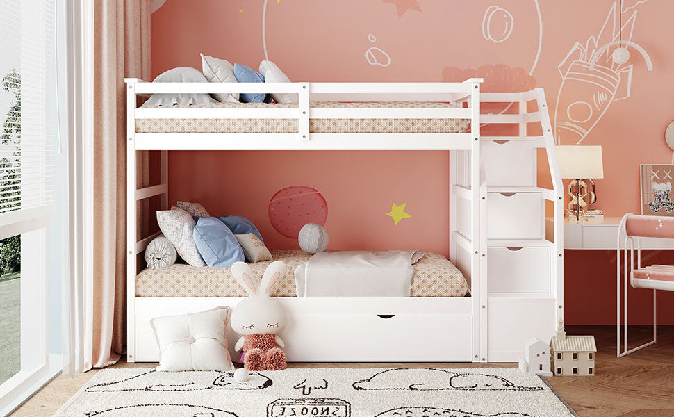 Twin Over Twin Bunk Bed With Twin Size Trundle And 3 Storage Stairs,White Old Sku :Lp000064Aak White Solid Wood