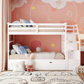 Twin Over Twin Bunk Bed With Twin Size Trundle And 3 Storage Stairs,White Old Sku :Lp000064Aak White Solid Wood