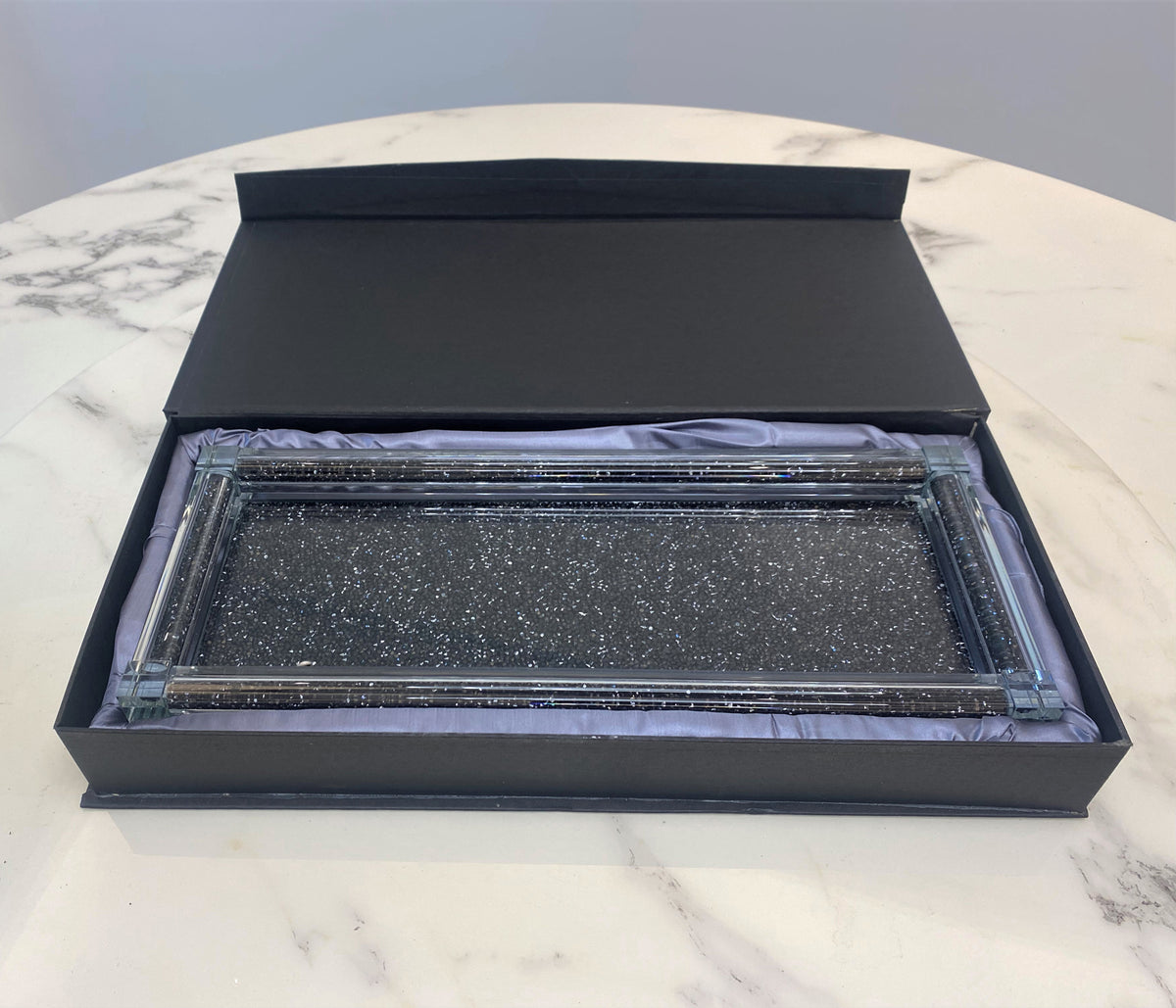 Ambrose Exquisite Tea, Sugar, Coffee Canisters With Tray In Crushed Diamond Glass In Gift Box Black Glass