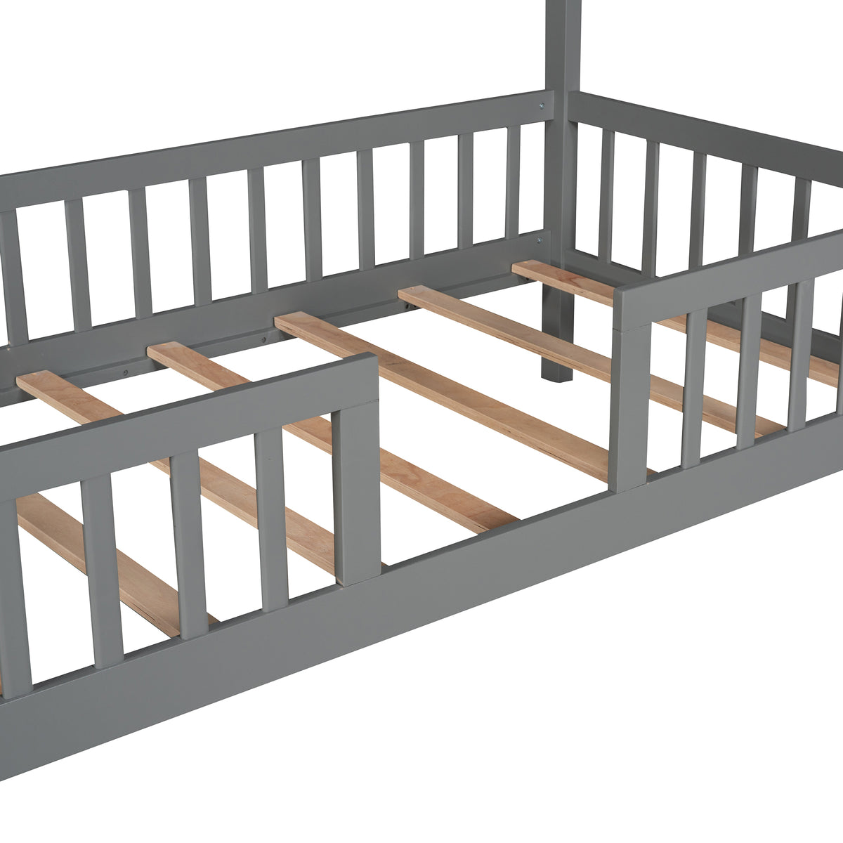 Twin Size Wood House Bed With Fence, Gray Gray Solid Wood