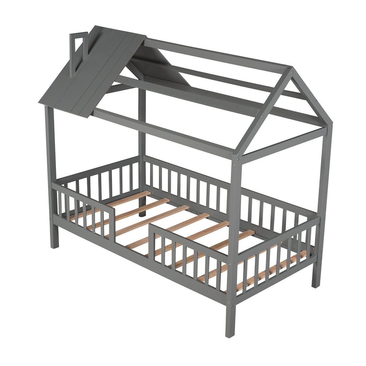 Twin Size Wood House Bed With Fence, Gray Gray Solid Wood