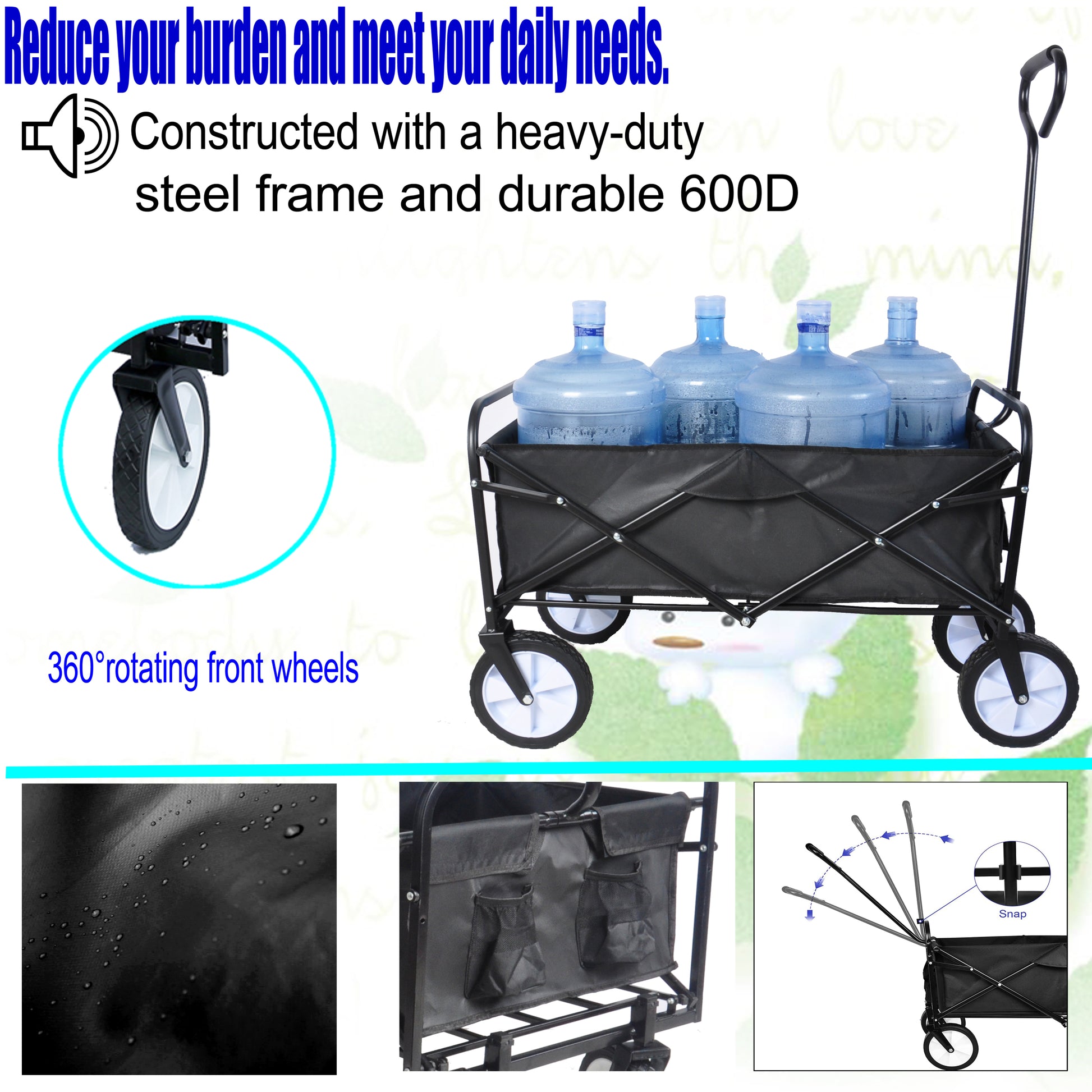 Folding Wagon Garden Shopping Beach Cart Black Black Steel