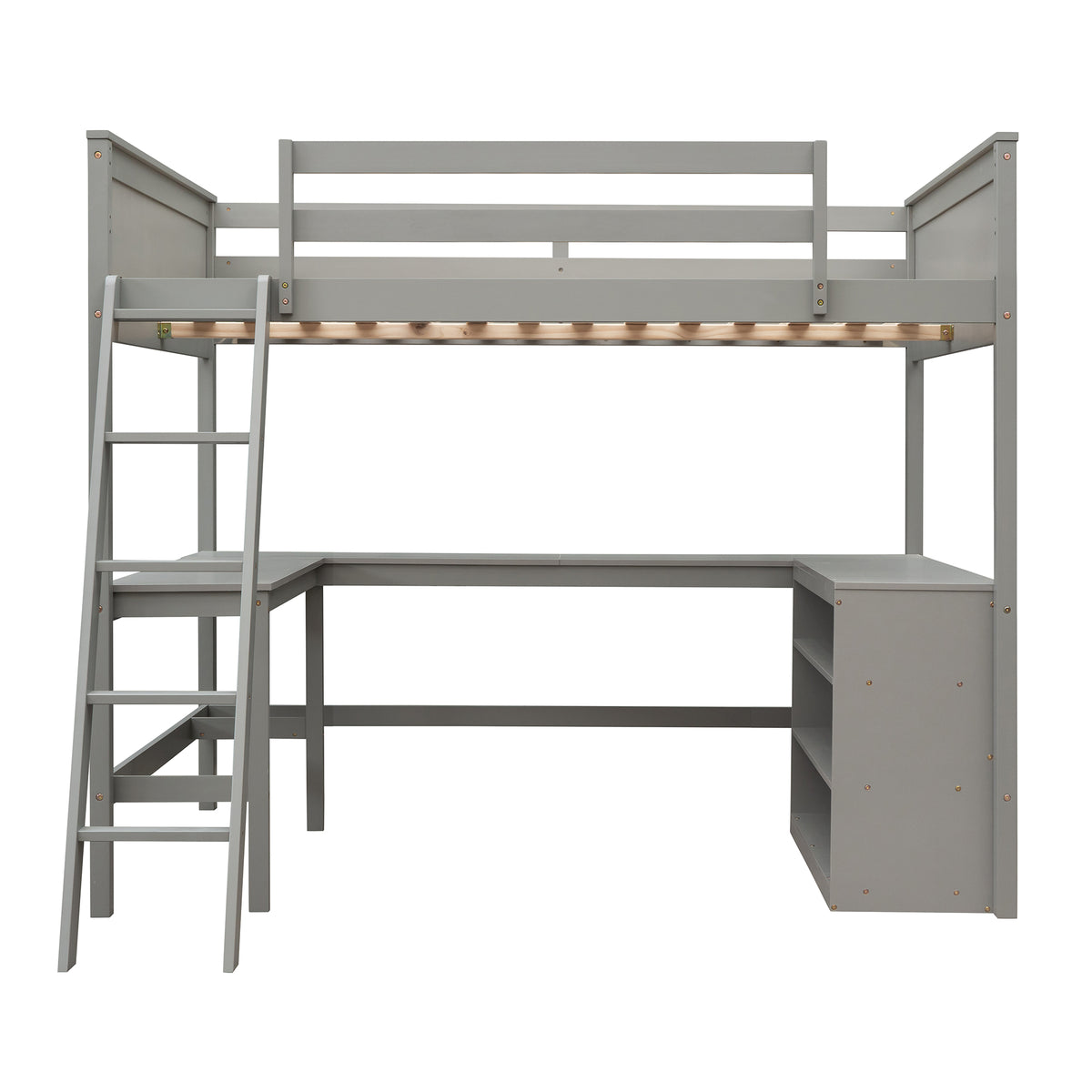 Full Size Loft Bed With Shelves And Desk, Wooden Loft Bed With Desk Gray Gray Solid Wood