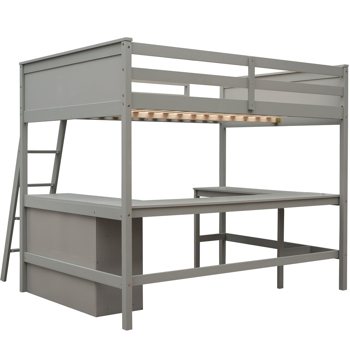 Full Size Loft Bed With Shelves And Desk, Wooden Loft Bed With Desk Gray Gray Solid Wood