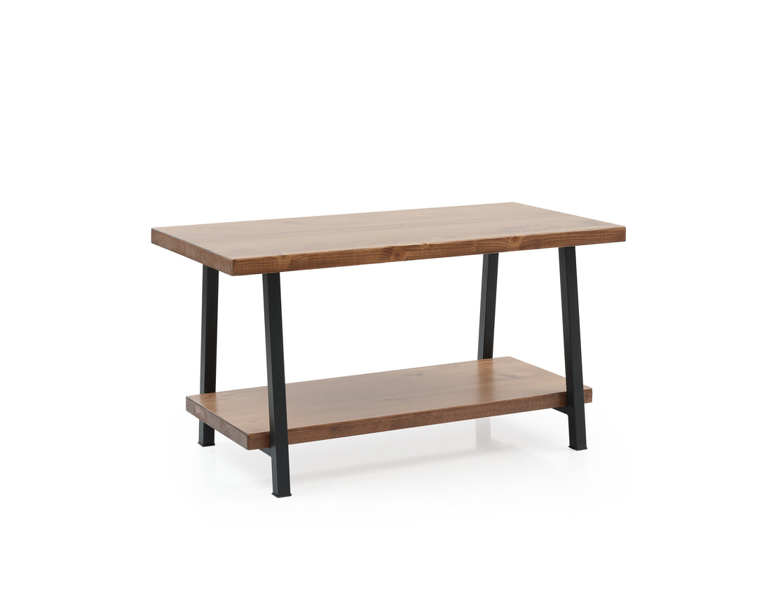 Furnish Home Store London 39'' Solid Wood Rustic Coffee Cocktail Table For Living Rooms With Shelf Walnut Solid Wood