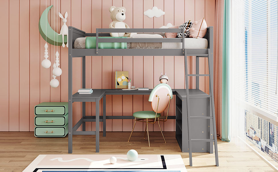 Full Size Loft Bed With Shelves And Desk, Wooden Loft Bed With Desk Gray Gray Solid Wood