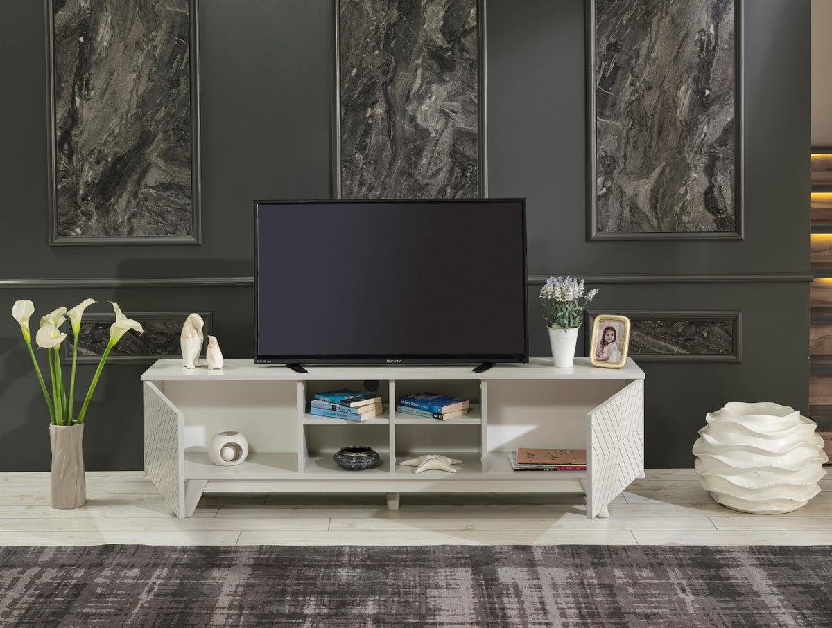 Furnishome Store Lina Mid Century Modern Tv Stand 2 Door Cabinet 4 Cubby Hole Shelves 67 Inch Tv Unit, Grey Grey Solid Wood