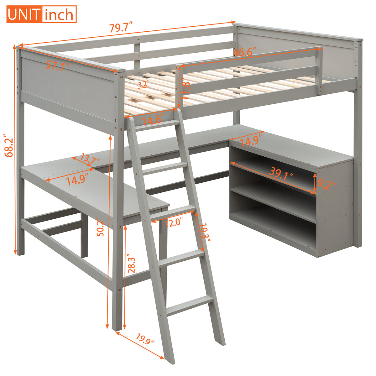 Full Size Loft Bed With Shelves And Desk, Wooden Loft Bed With Desk Gray Gray Solid Wood