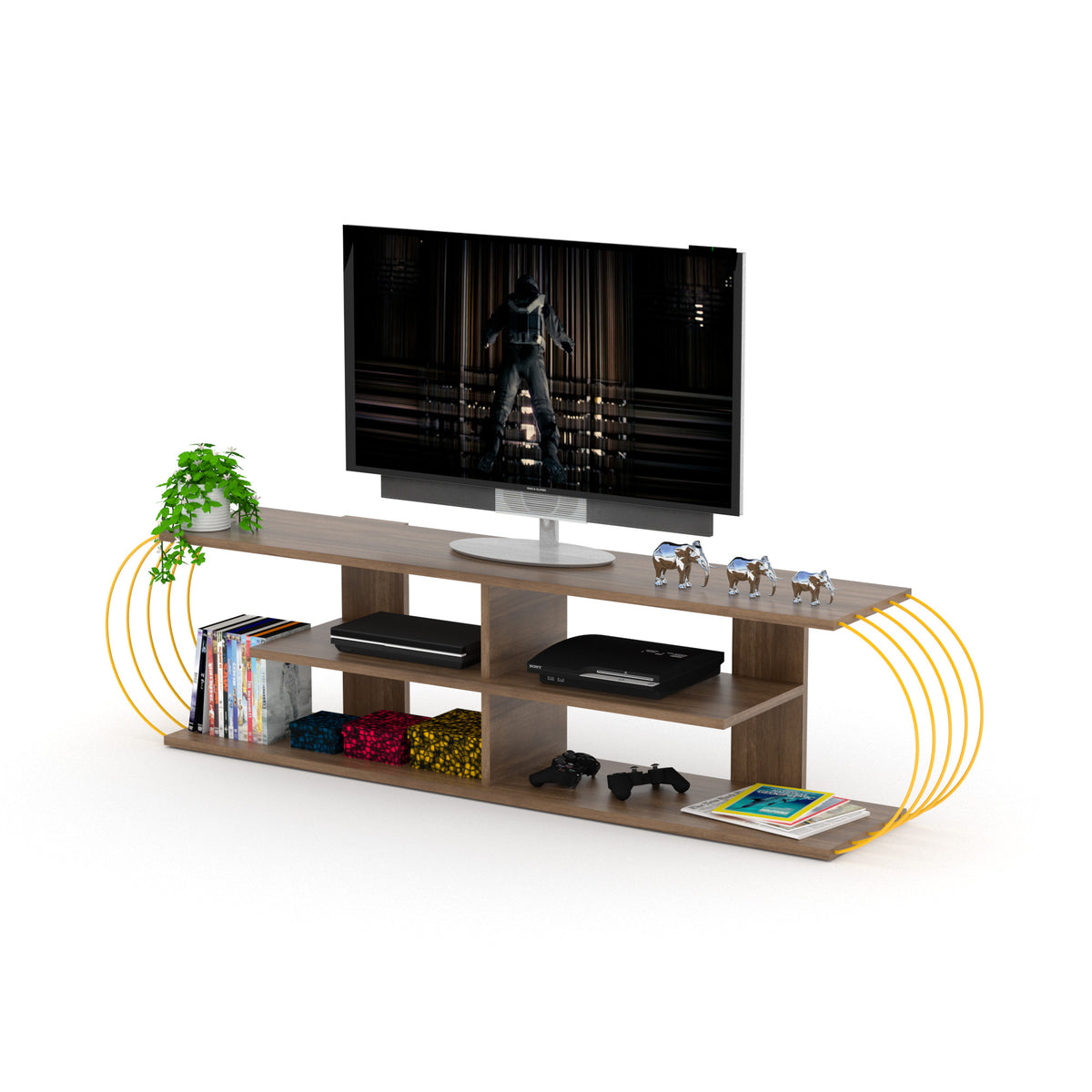 Furnishome Store Mid Century Modern Tv Stand 4 Shelves Open Storage Entertainment Centre 68 Inch Tv Unit, Walnut Yellow Walnut Solid Wood
