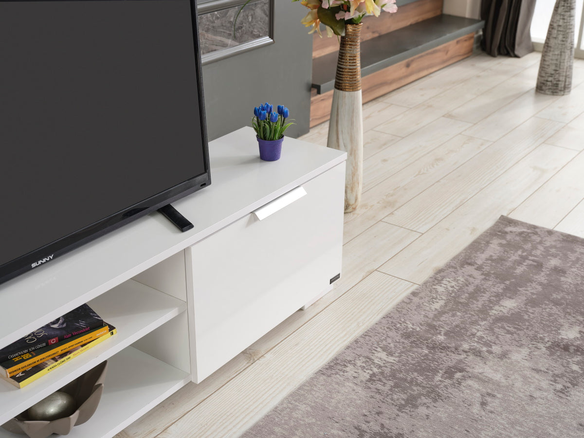Furnishome Store April Mid Century Modern Tv Stand 2 Door Cabinets 2 Shelves White 66 Inch Tv Unit, White White Solid Wood