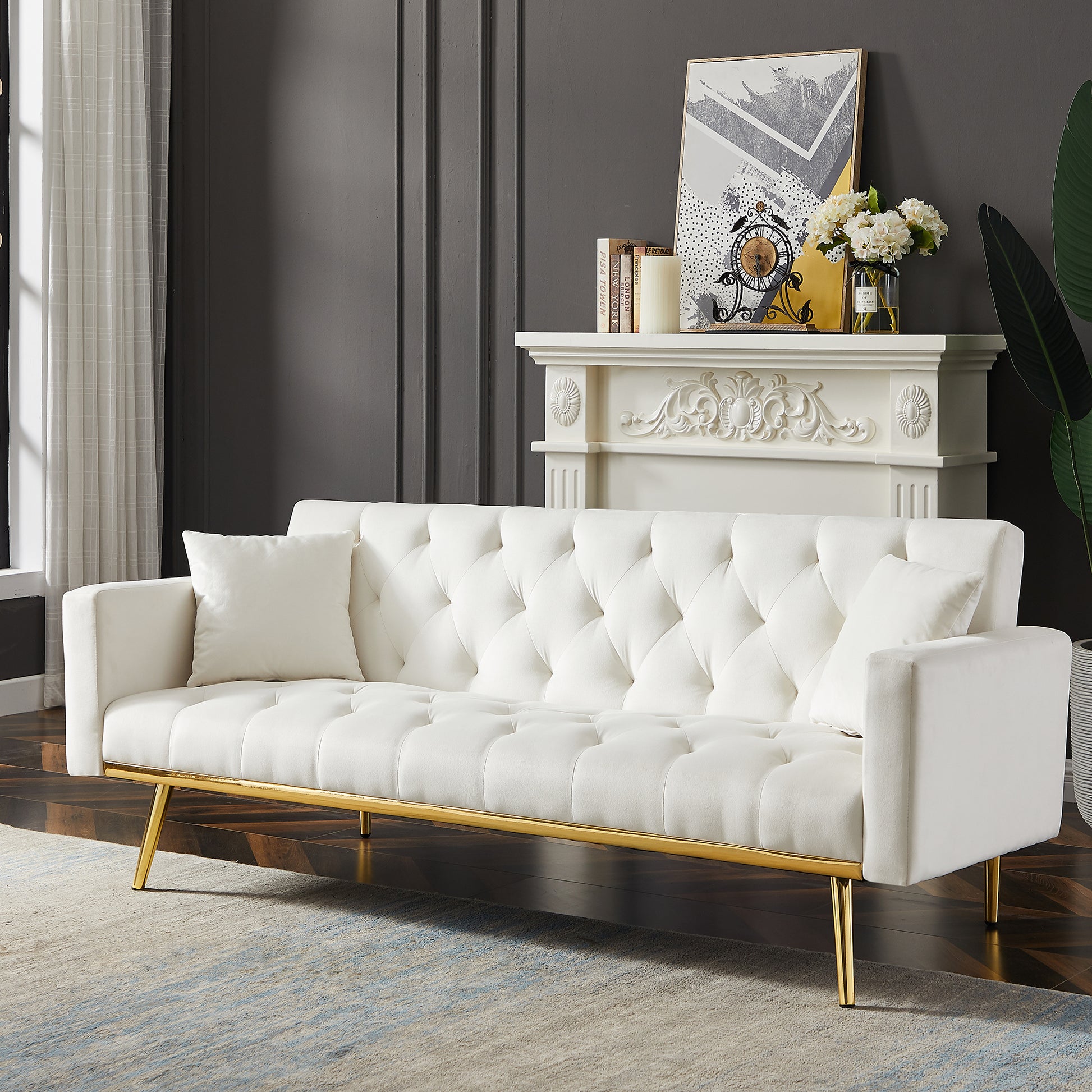 Cream White Convertible Folding Futon Sofa Bedsleeper Sofa Couch For Compact Living Space. Cream White Wood Tufted Back Square Arms Foam Velvet
