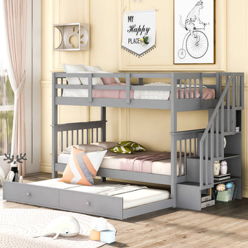 Stairway Twin Over Twin Bunk Bed With Twin Size Trundle For Bedroom, Dorm, Adults, Gray Old Sku: Lp000209Aae Gray Solid Wood
