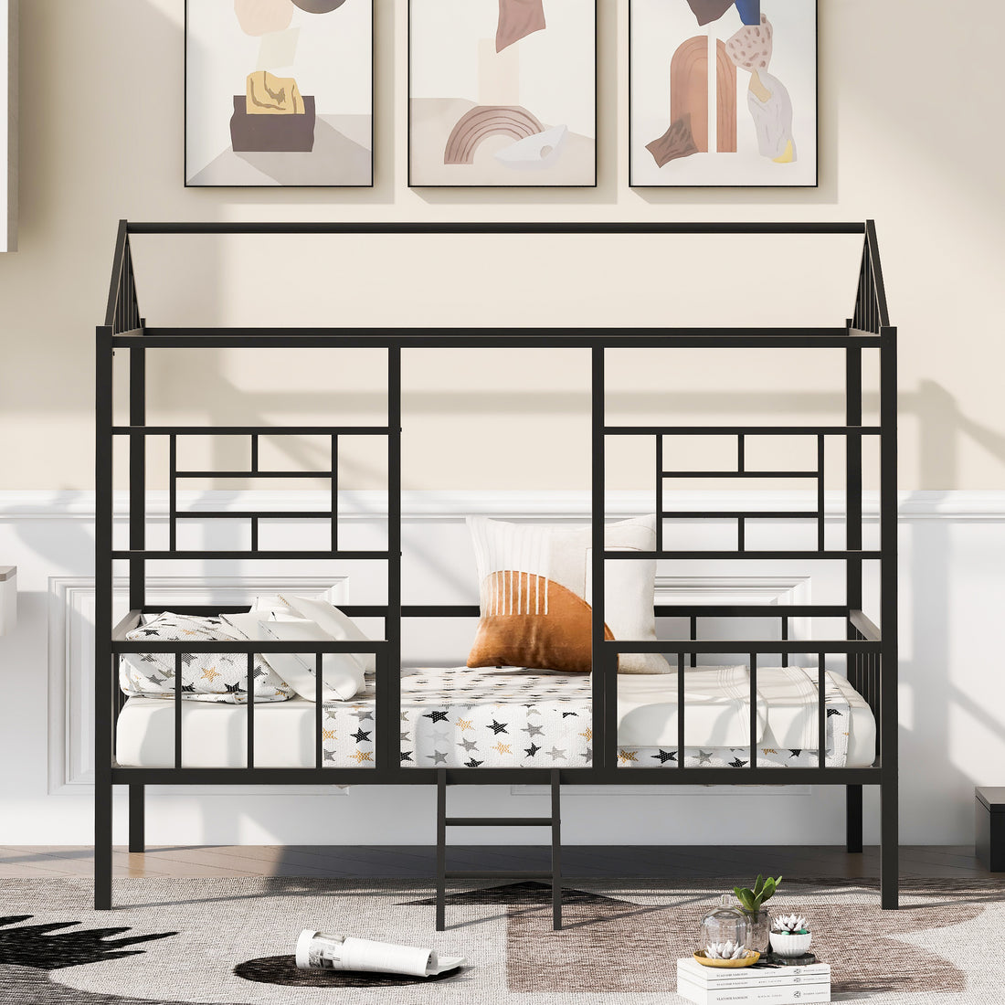 Metal House Bed Frame Twin Size With Slatted Support No Box Spring Needed Black Twin Black Metal
