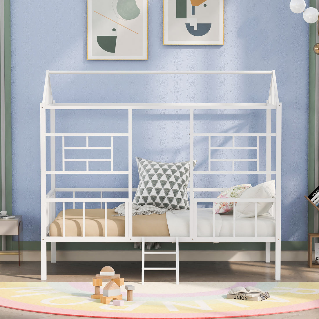 Metal House Bed Frame Twin Size With Slatted Support No Box Spring Needed White Twin White Metal