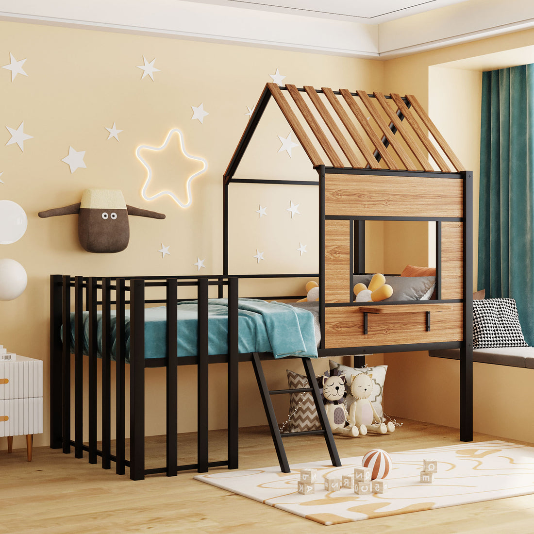 Metal Twin Size Loft Bed With Roof, Window, Guardrail, Ladder Black Black Metal