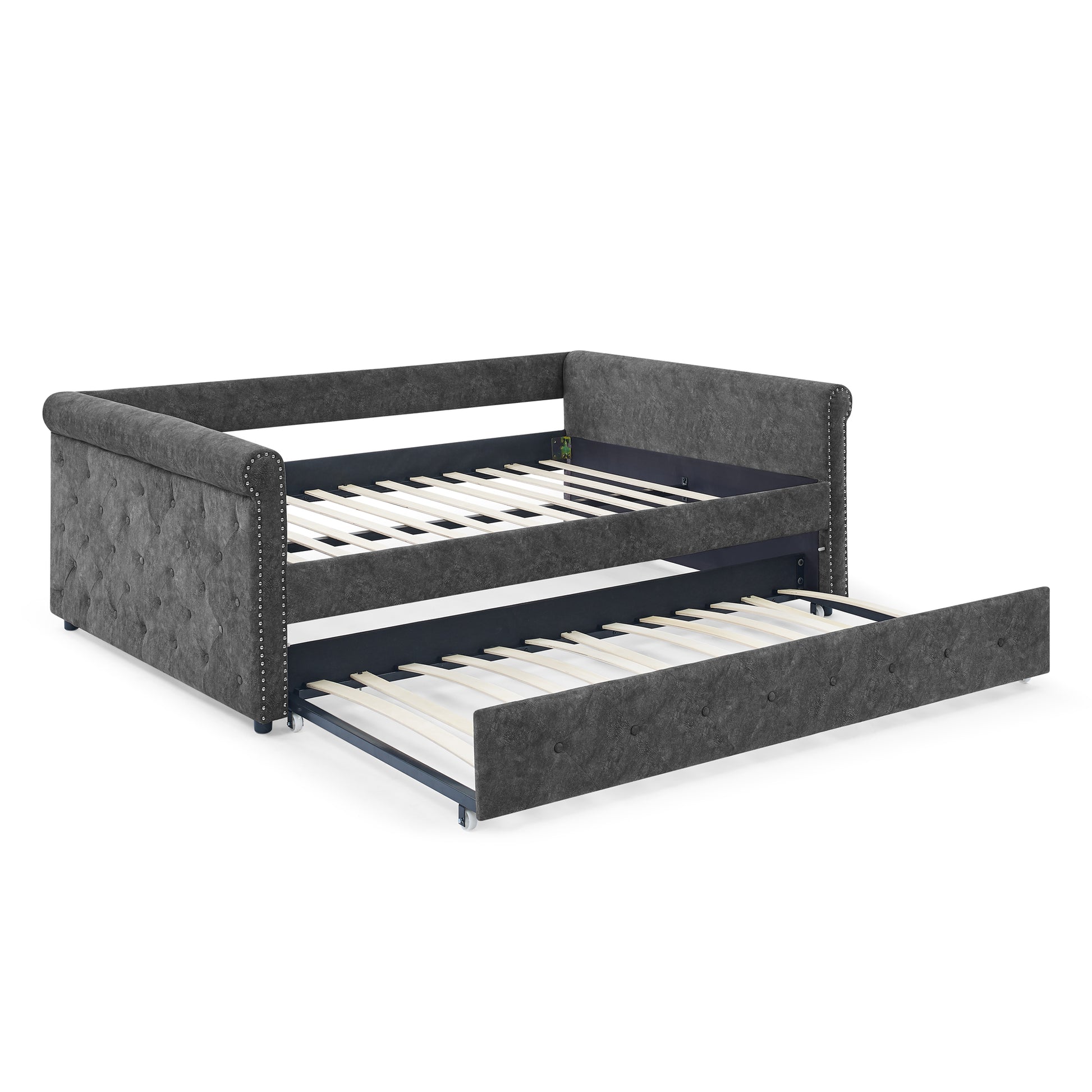 Daybed With Trundle Upholstered Tufted Sofa Bed, With Button And Copper Nail On Arms,Full Daybed & Twin Trundle, Grey 85.5"X57"X30.5" Gray Plywood