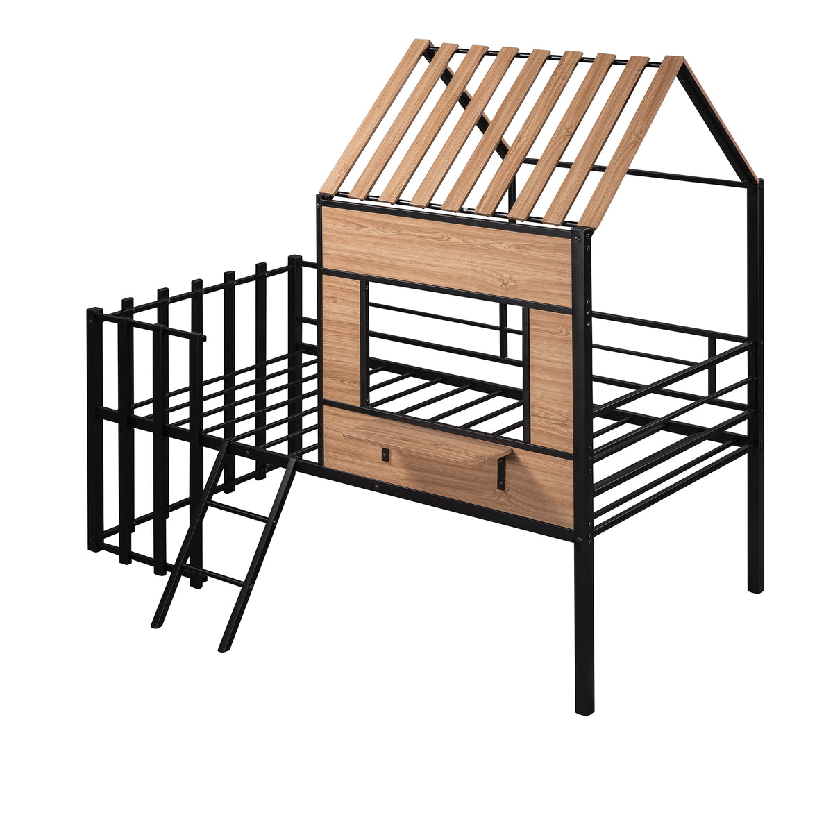 Metal Twin Size Loft Bed With Roof, Window, Guardrail, Ladder Black Black Metal
